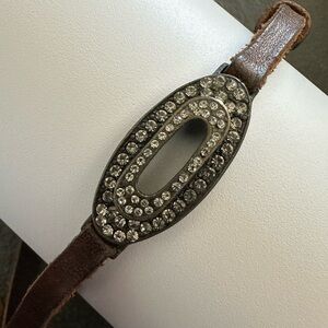 Pave Skinny Open Oval Bracelet in Antique Brass